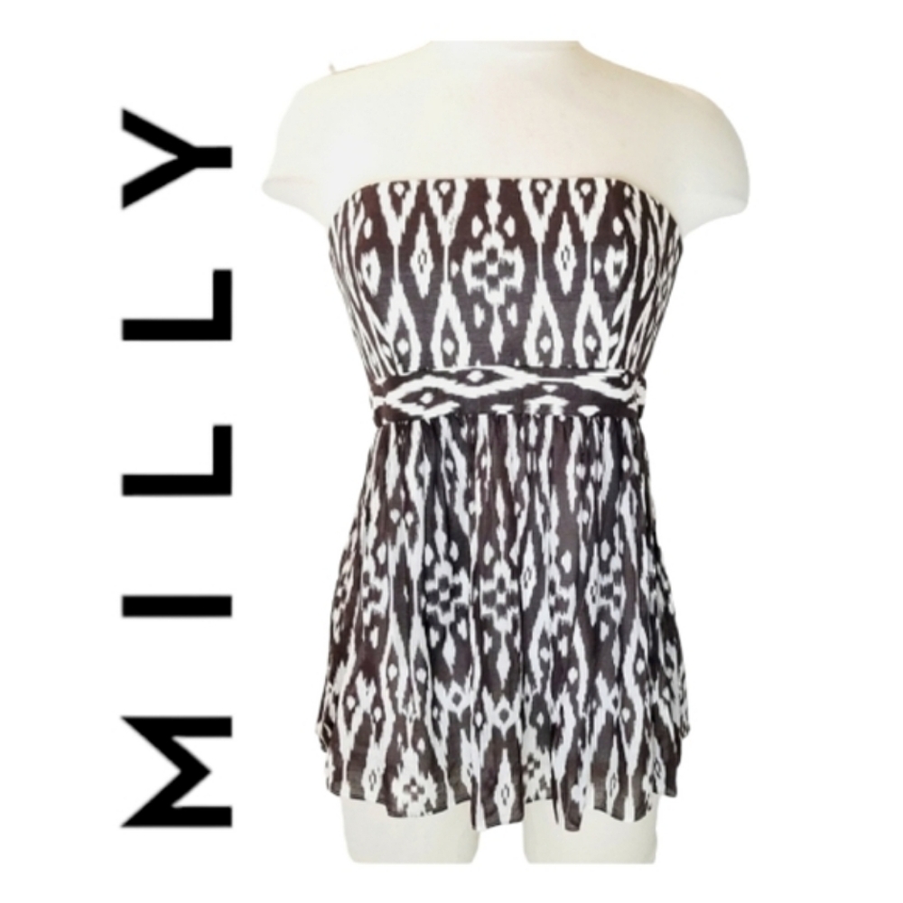 MILLY NY Vintage Strapless Cotton Top Brown and White IKAT Print sz 6